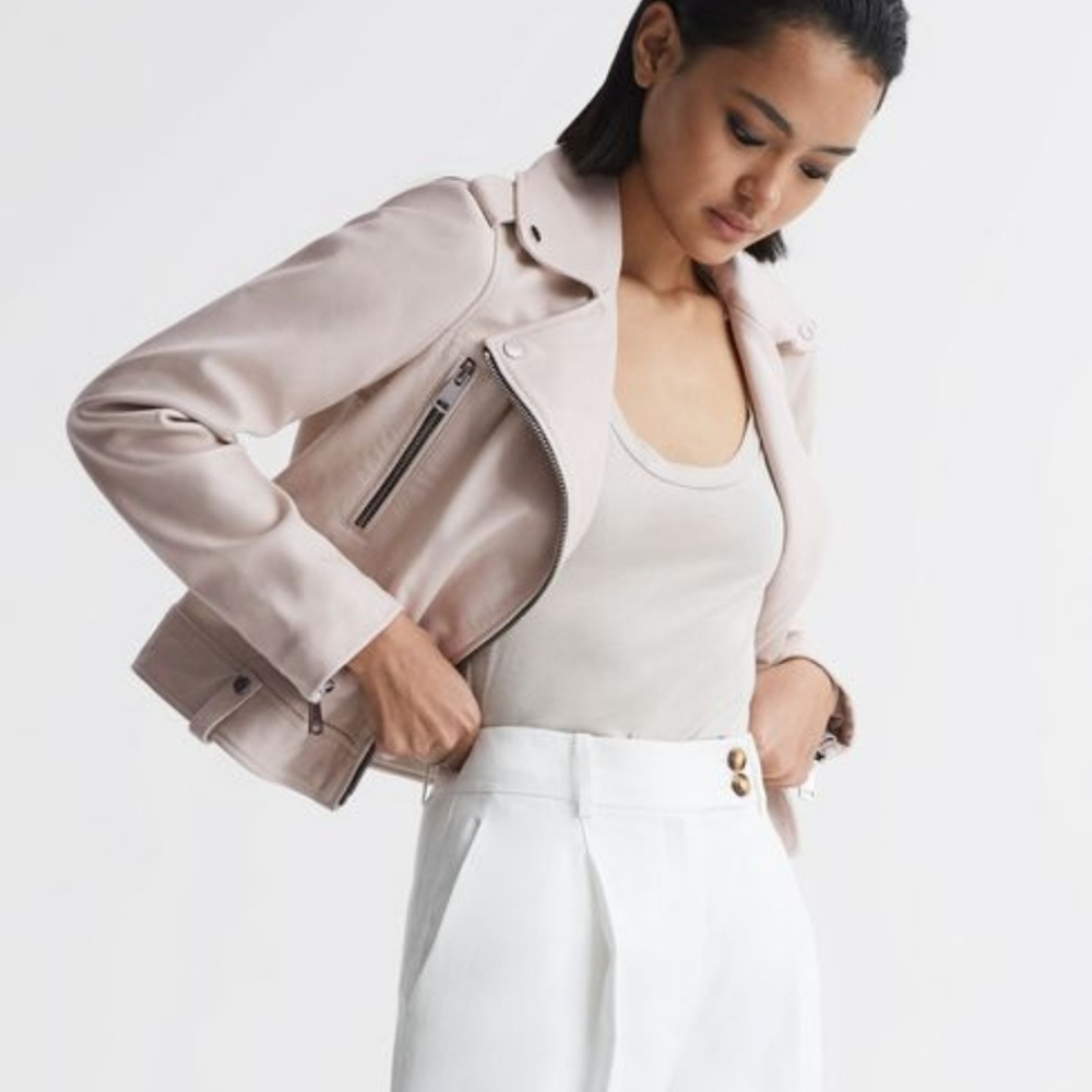 Reiss Santiago Leather Biker Jacket, Size US 6, off-white, NWT - Picture 8 of 13